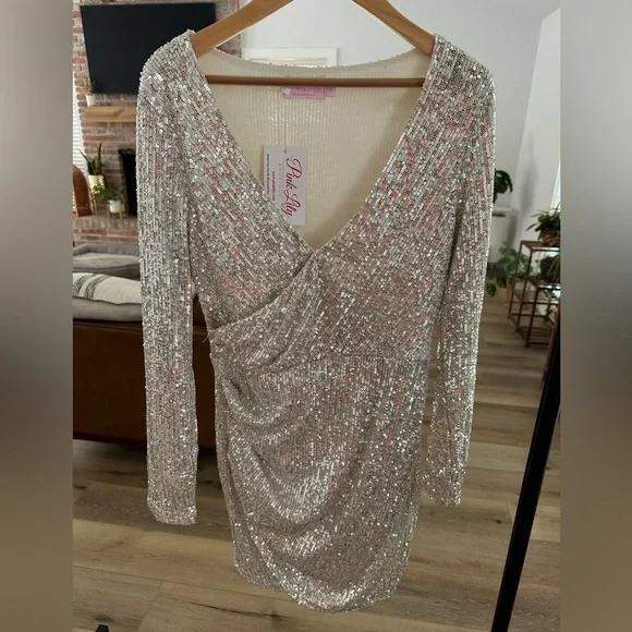 pink lily silver dress NWT Size Small Silver Sequin Dress